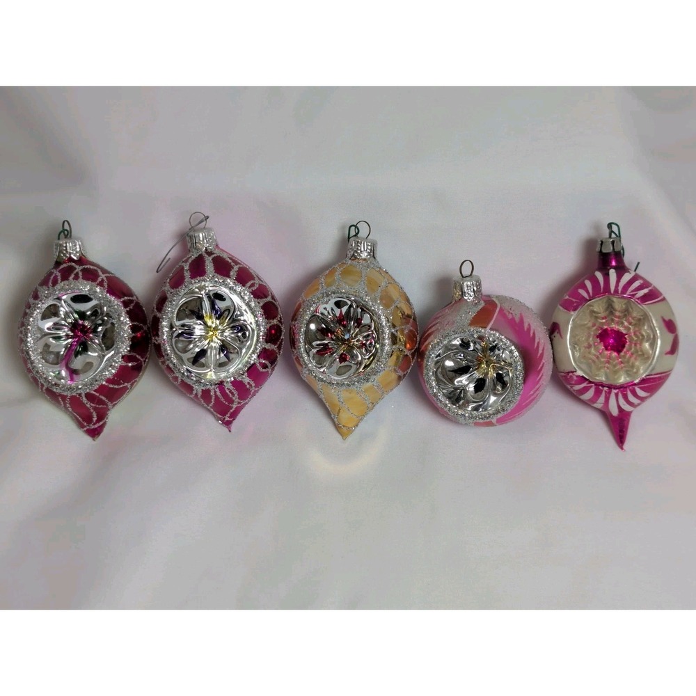 Vintage Indents Reflectors Teardrop Christmas Blown Glass Ornaments Set of 5